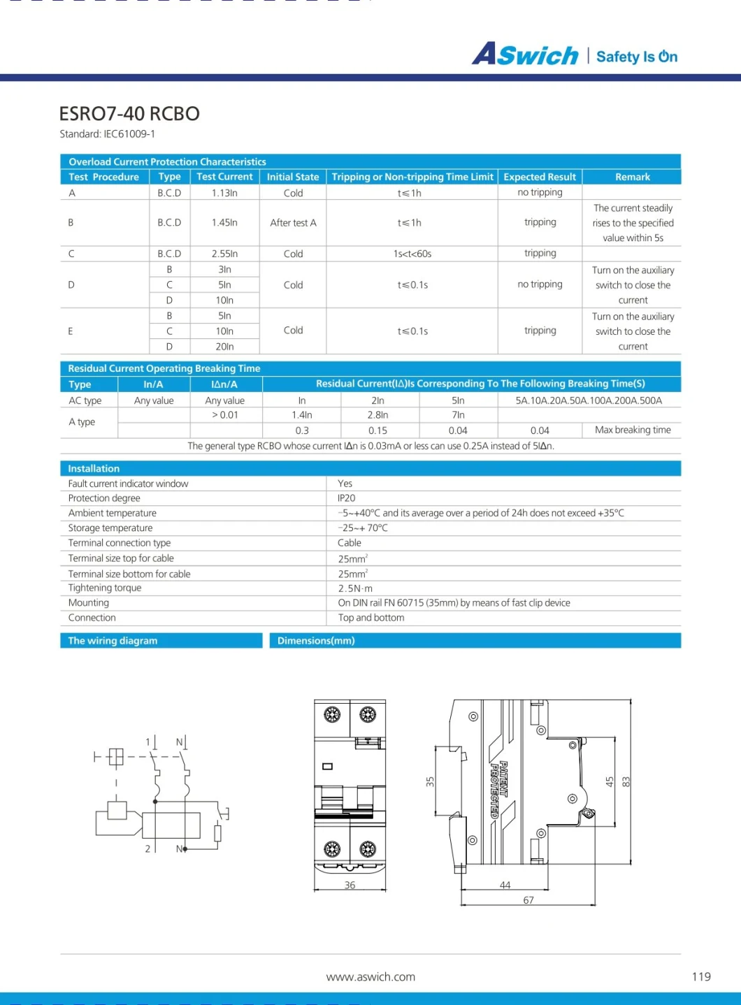 CE Certificates Aswich Residual Current RCBO 2 Pole AC Electronics Miniature Circuit Breaker Device 6A-40A