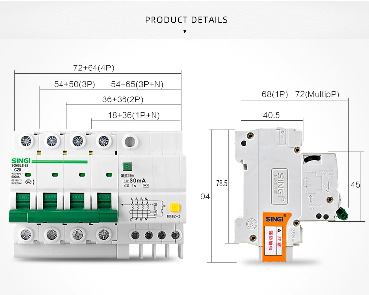 Low Voltage Breakers Air Singi Miniature Circuit Breaker RCBO Sg65le-63